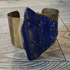 Gold Cuff Bracelet with Blue Lapis Lazuli Stone
